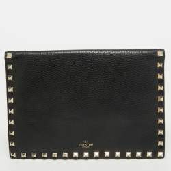 Valentino Black Leather Rockstud Flap Organizer Clutch