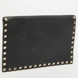 Valentino Black Leather Rockstud Flap Organizer Clutch