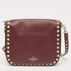Pre Owned Valentino Burgundy Leather Rockstud Flap Crossbody Bag
