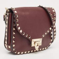 Pre Owned Valentino Burgundy Leather Rockstud Flap Crossbody Bag