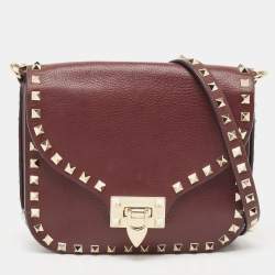 Pre Owned Valentino Burgundy Leather Rockstud Flap Crossbody Bag