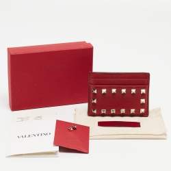 Pre Owned Valentino Red Leather Rockstud Card Holder