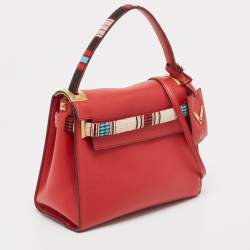 Pre Owned Valentino Red Leather My Rockstud Beaded Top Handle Bag