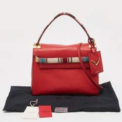 Pre Owned Valentino Red Leather My Rockstud Beaded Top Handle Bag