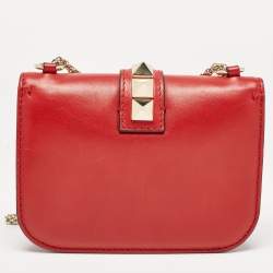 Valentino Red Leather Small Rockstud Glam Lock Flap Bag