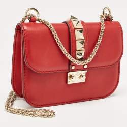 Valentino Red Leather Small Rockstud Glam Lock Flap Bag