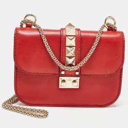 Valentino Red Leather Small Rockstud Glam Lock Flap Bag