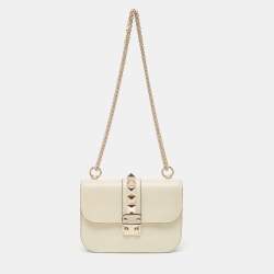 Valentino Off White Leather Small Rockstud Glam Lock Flap Bag