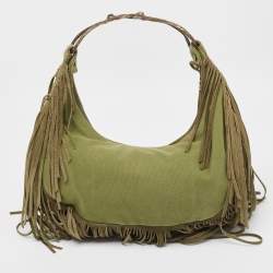 Pre Owned Valentino Military Green Canvas Fringe Hobo