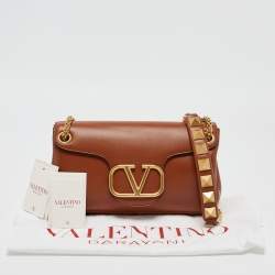 Pre Owned Valentino Brown Leather Stud Sign Shoulder Bag