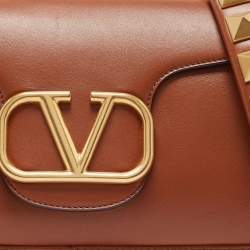 Pre Owned Valentino Brown Leather Stud Sign Shoulder Bag