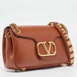 Pre Owned Valentino Brown Leather Stud Sign Shoulder Bag