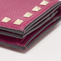 Pre Owned Valentino Magenta Leather Rockstud Flap Compact Wallet
