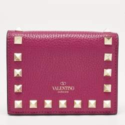 Pre Owned Valentino Magenta Leather Rockstud Flap Compact Wallet