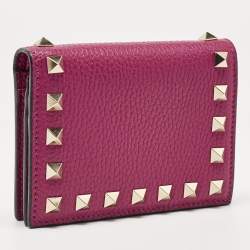 Pre Owned Valentino Magenta Leather Rockstud Flap Compact Wallet