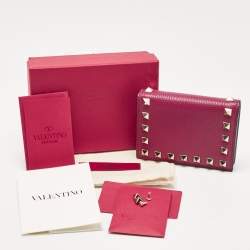 Pre Owned Valentino Magenta Leather Rockstud Flap Compact Wallet