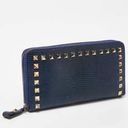 Valentino Blue Lizard Rockstud Zip Around Wallet