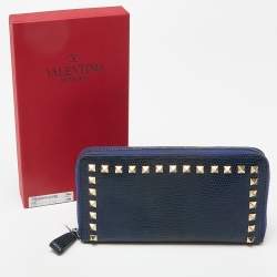 Valentino Blue Lizard Rockstud Zip Around Wallet