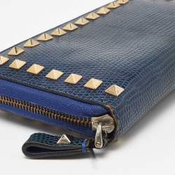 Valentino Blue Lizard Rockstud Zip Around Wallet