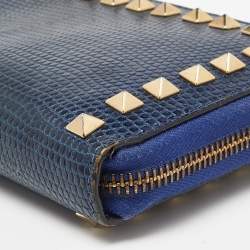 Valentino Blue Lizard Rockstud Zip Around Wallet