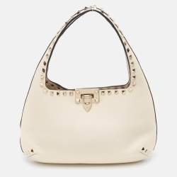 Pre Owned Valentino Off White Leather Small Rockstud Hobo