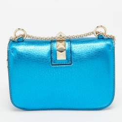 Pre Owned Valentino Metallic Blue Leather Small Rockstud Glam Lock Flap Bag