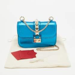 Pre Owned Valentino Metallic Blue Leather Small Rockstud Glam Lock Flap Bag