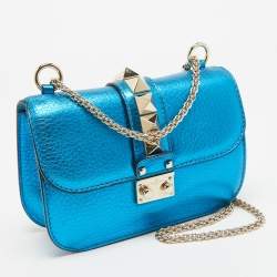 Pre Owned Valentino Metallic Blue Leather Small Rockstud Glam Lock Flap Bag