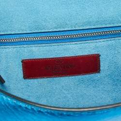Pre Owned Valentino Metallic Blue Leather Small Rockstud Glam Lock Flap Bag