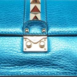 Pre Owned Valentino Metallic Blue Leather Small Rockstud Glam Lock Flap Bag