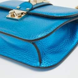 Pre Owned Valentino Metallic Blue Leather Small Rockstud Glam Lock Flap Bag