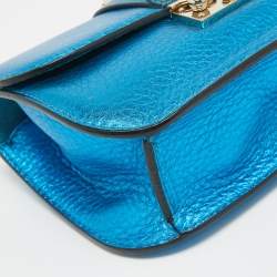 Pre Owned Valentino Metallic Blue Leather Small Rockstud Glam Lock Flap Bag