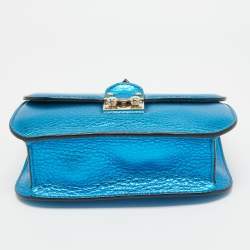 Pre Owned Valentino Metallic Blue Leather Small Rockstud Glam Lock Flap Bag