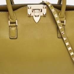 Pre Owned Valentino Olive Green Leather Small Rockstud Trapeze Tote