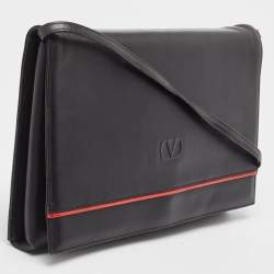 Pre Owned Valentino Black/Red Leather Logo Embossed Oversized Clutch Bag