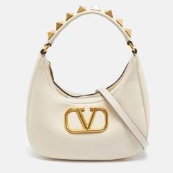 Pre Owned Valentino Off White Leather Stud Sign Hobo