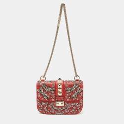 Pre Owned Valentino Red Leather Small Crystal Embellished Rockstud Glam Lock Flap Bag