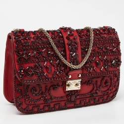 Pre Owned Valentino Red Leather Medium Rockstud Glam Lock Crystals Embellished Flap Bag