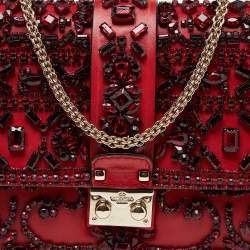 Pre Owned Valentino Red Leather Medium Rockstud Glam Lock Crystals Embellished Flap Bag