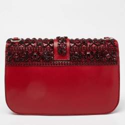 Pre Owned Valentino Red Leather Medium Rockstud Glam Lock Crystals Embellished Flap Bag
