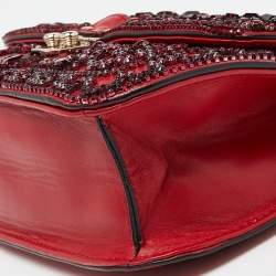 Pre Owned Valentino Red Leather Medium Rockstud Glam Lock Crystals Embellished Flap Bag