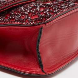 Pre Owned Valentino Red Leather Medium Rockstud Glam Lock Crystals Embellished Flap Bag