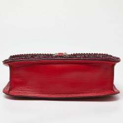 Pre Owned Valentino Red Leather Medium Rockstud Glam Lock Crystals Embellished Flap Bag