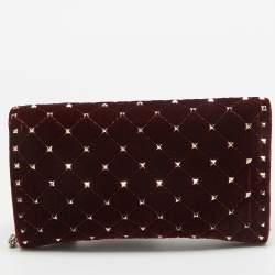 Valentino Burgundy Quilted Velvet Rockstud Spike Chain Clutch 