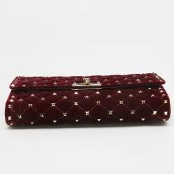 Valentino Burgundy Quilted Velvet Rockstud Spike Chain Clutch 