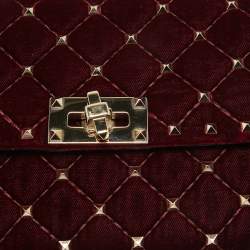 Valentino Burgundy Quilted Velvet Rockstud Spike Chain Clutch 