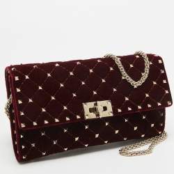 Valentino Burgundy Quilted Velvet Rockstud Spike Chain Clutch 