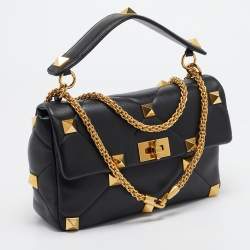 Pre Owned Valentino Black Leather Large Roman Stud Shoulder Bag