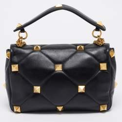 Pre Owned Valentino Black Leather Large Roman Stud Shoulder Bag