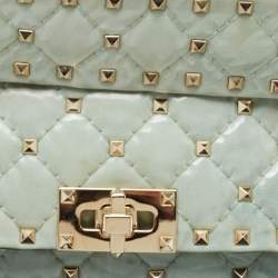 Pre Owned Valentino Light Blue Quilted Coated Fabric Small Rockstud Spike Top Handle Bag